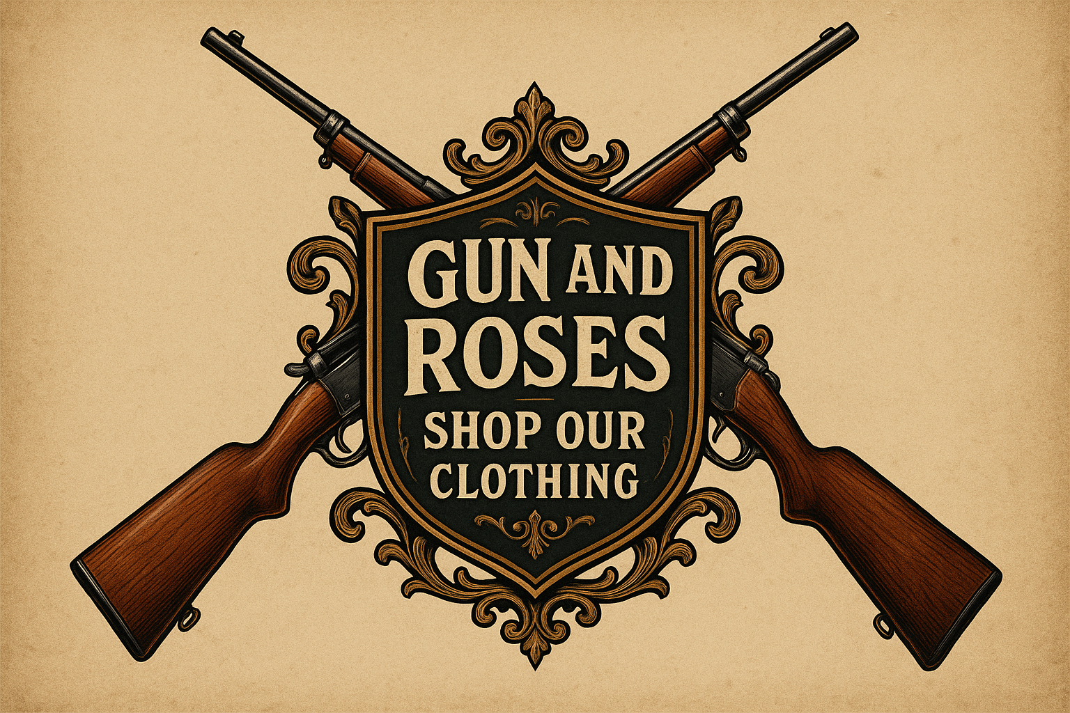 Two old rifles over a shield with the words GUN AND ROSES SHOP OUR CLOTHING on the shield 
